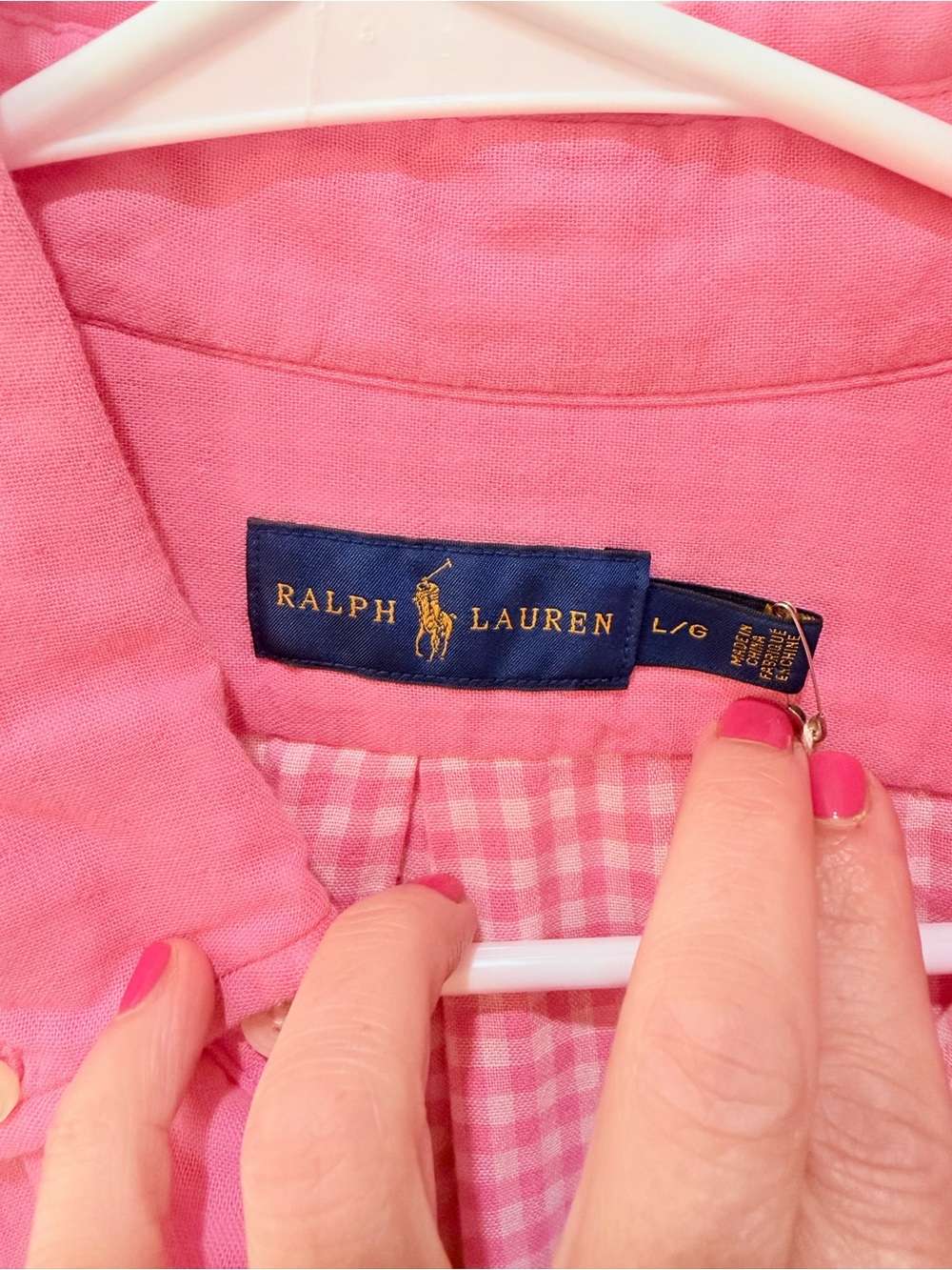 Ralph Lauren Pink Cotton Button Down Shirt with Inside Gingham Print Large NWOT - Picture 11 of 14